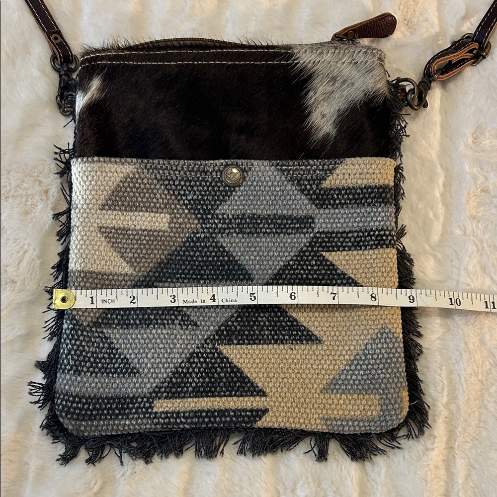 Stylish Myra Cowhide & Canvas Crossbody Bag Geometric Pattern With Fringe - Picture 8 of 11